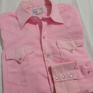 VTG Rockmount Ranch Wear True West USA MADE 16.5/35 pink Long-Sleeved pearl snap